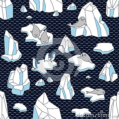 Vector Seamless pattern with iceberg, seals, penguins and ice floes. Cartoon Illustration